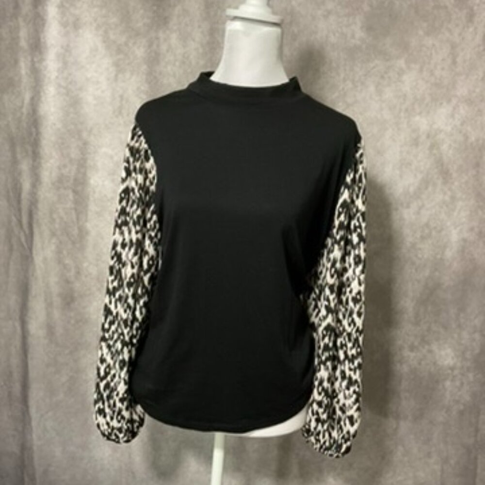 Ann Taylor Factory Cheetah Sheer Sleeve Sweater Top Blouse Size Large Black